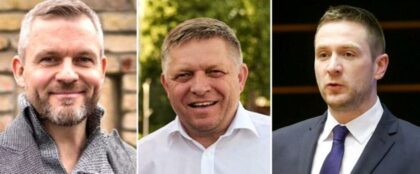 Zľava Peter Pellegrini, Robert Fico a Milan Uhrík