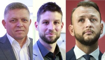 Predsedovia troch najúspešnejších strán zľava Robert Fico, Michal Šimečka a Matúš Šutaj Eštok 