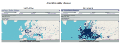 Obr. 4: Anomálne zrážky v Európe a) 2000-2004, b) 2019-2023, zdroj: European Severe Weather Database (ESWD)