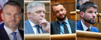 Zľava Peter Pellegrini, Robert Fico, Matúš Šutaj Eštok a Michal Šimečka